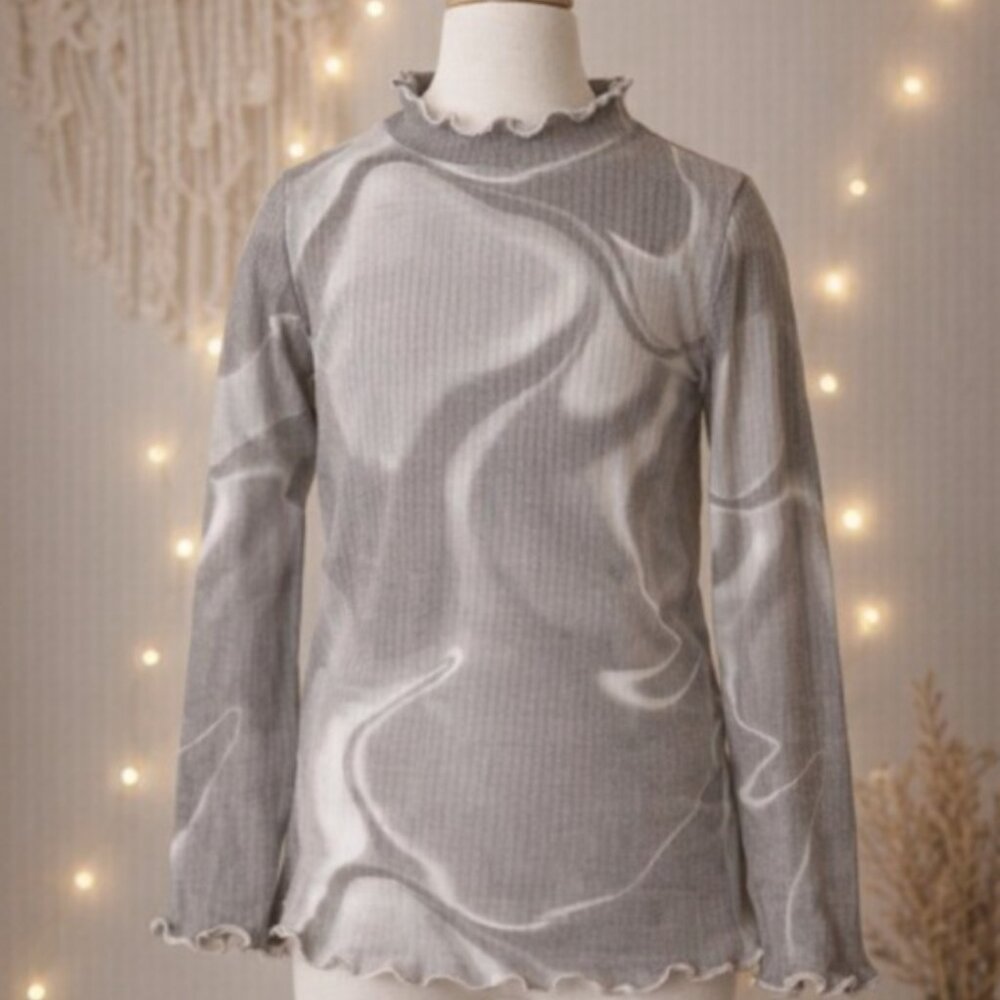 DUNE Golf Kids Ribbed Ruffle Shirt Top 8–9 Girls Gray Abstract Swirl Y2K Neutral